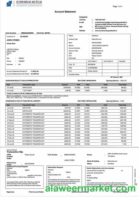 India Sundaram Mutual account statement Word and PDF template